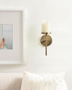 Kate and Laurel Blaise Transitional Metal Wall Sconce; 5 x 6 x 14; Antique Brass; Modern Round Candle Holder with Removable Glass Cylinder for Flameless Candles