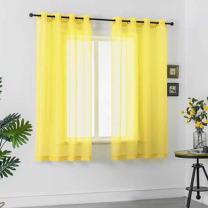DUALIFE Bright Yellow Sheer Curtains 45 Inch Length for Kitchen 2 Panels Grommet Semi Sheer Short Curtains for Bathroom Small Windows Basement Vibrant Lemon Yellow Wide 52 by L45 Inches Long