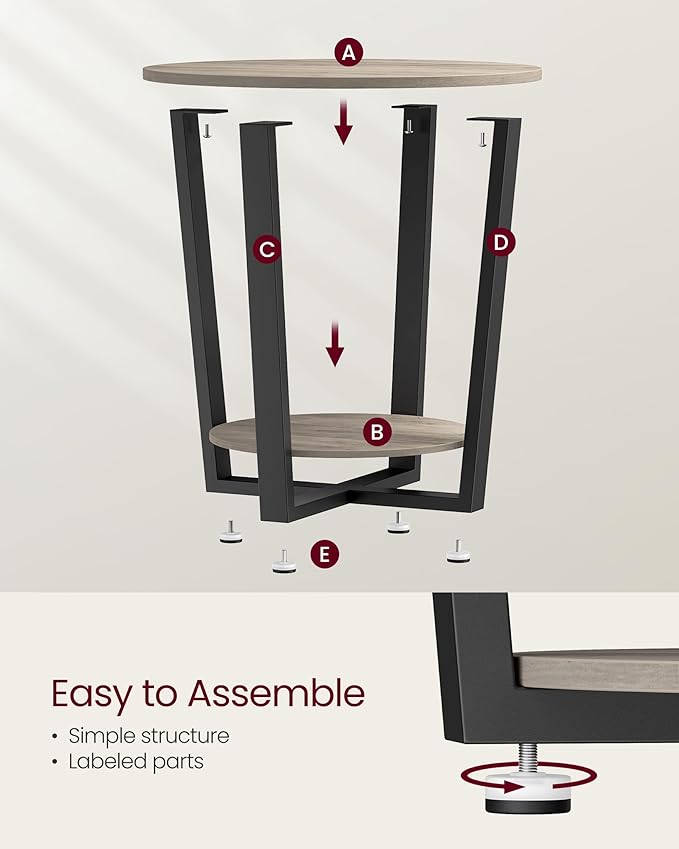 VASAGLE Round Side End Table, 2-Tier Accent Bedside Table with Storage Shelf, Easy Assembly, Nightstand for Small Spaces, Living Room, Bedroom, Heather Greige and Ink Black ULET057B02