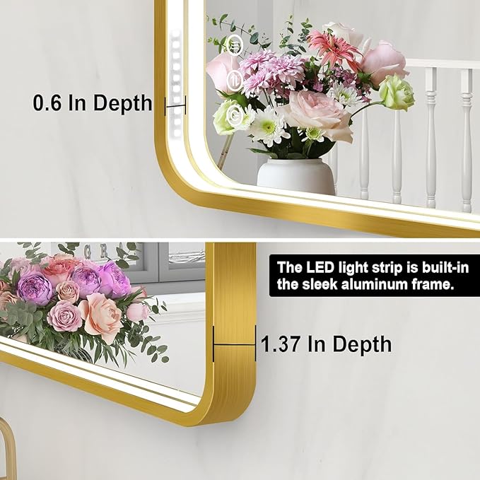 LED Bathroom Mirror with Lights, 40x28 Inch Gold Metal Framed LED Mirror for Bathroom, 3 Colors and Stepless Dimmable Wall Mounted Lighted Bathroom Vanity Mirror, Anti-Fog, Memory