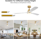 BOJUE 60 Inch Wood Ceiling Fans with Lights and Remote, White Gold Outdoor Ceiling Fan with Light, Dimmable 3 Blades Outdoor Fans for Patios Noiseless Modern Ceiling Fans for Bedroom Living Room