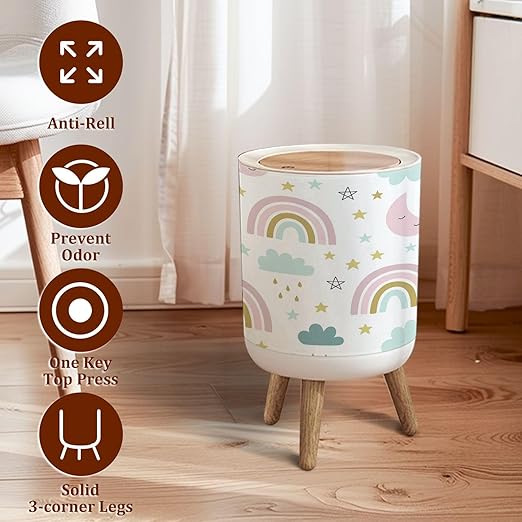 Small Trash Can with Lid Seamless Cute for Kids Children Rainbow Clouds Moon Stars Scandinavian Garbage Bin Pet Proof Waste Basket for Kitchen Bathroom Office Bedroom Decorative 1.8 Gallon
