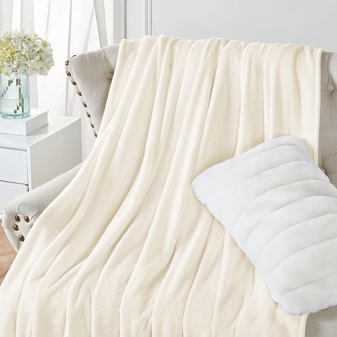 Walensee Fleece Blanket Plush Throw Fuzzy Lightweight (Throw Size 50x60 Cream) Super Soft Microfiber Flannel Blankets for Couch, Bed, Sofa Ultra Luxurious Warm and Cozy for All Seasons