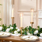 Gold Hurricane Candle Holders Set of 3, Tall Metal & Windproof Glass Taper Candle Holders, Outdoor/Indoor Table Centerpieces for Weddings, Christmas, Parties, Fireplace Decor