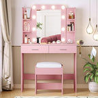 Vabches Vanity Desk with Lights,Makeup Vanity with Power Strip,Dressing Table Set with 2 Large Drawers,Vanity Mirror 3 Lighting Color Adjustable,Pink