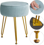 IBUYKE Velvet Round Footrest Stool Ottoman, Makeup Vanity Stool Side Table, Velvet Dressing Table Seat, Pouf Couch Stool, Golden Steel Legs, Blue LG-30H