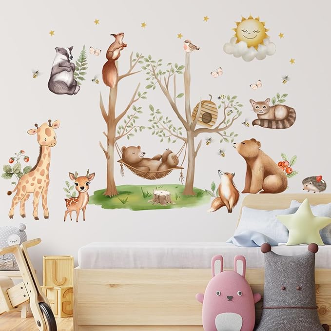 Jungle Animal Wall Stickers Forest Safari Wall Decals Kid Room Nursery Baby Bedroom Décor (Bear Swing)