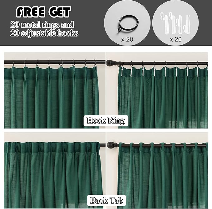 Emerald Green Linen Pinch Pleated Sliding Door Curtains Semi Sheer, 2x50 Inches Width, Hunter Light Filtering Drapes 96 Inches Long, Dark Textured Farmhouse Window Curtain Panels