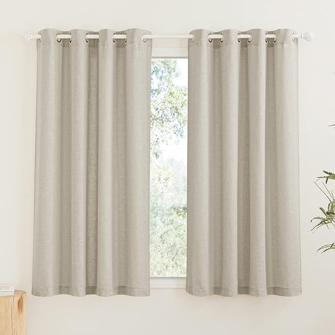 RYB HOME Semi Sheer Curtains - Linen Textured Blend Privacy Sheer Shabby Chic Window Treatment for Living Room Nursery Farmhouse Home Office Farmhouse, 52" Wide by 63" Long, Set of 2, Angora