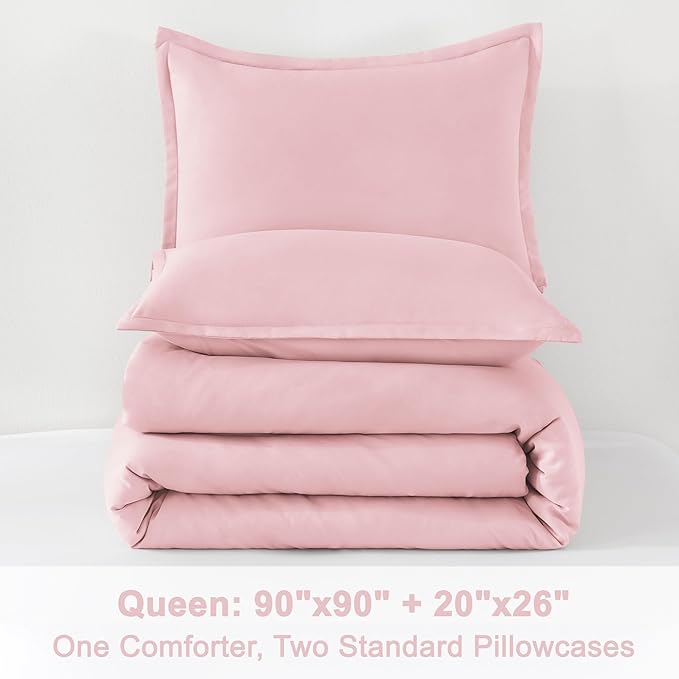 Litanika Pink Comforter Set Queen Size, 3 Pieces Lightweight Soft Fluffy Solid Bedding Set, All Season Bed Set (90x90In Comforter & 2 Pillowcases)