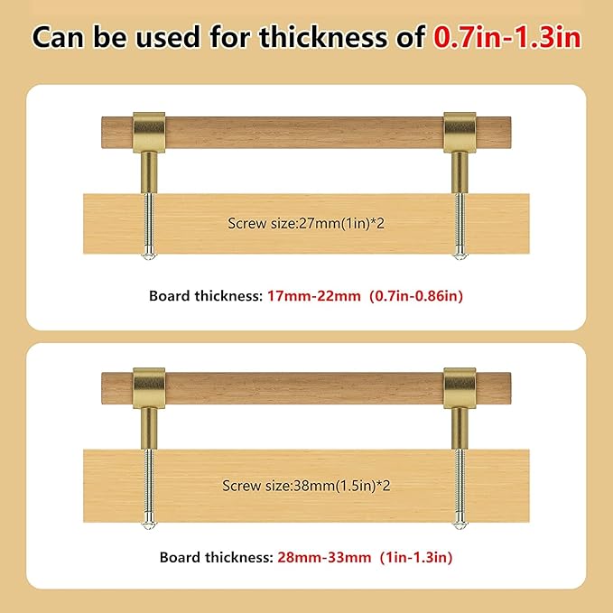 Wooden Drawer Pulls,6-Pack Beech Wood Drawer Handles 2.5in,Suitable for Kitchen, Living Room, Bedroom, Bathroom and Other Scenes,Gold