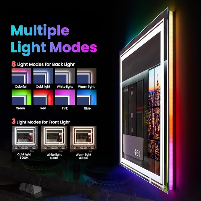 LED Mirror for Bathroom, 77"X36" with 8 RGB Backlit +3 Front Lit (Adjustable Individually), Anti-Fog, Large Lighted Bathroom Vanity Mirror for Wall,Shatterproof,Memory Function,Tempered Glass