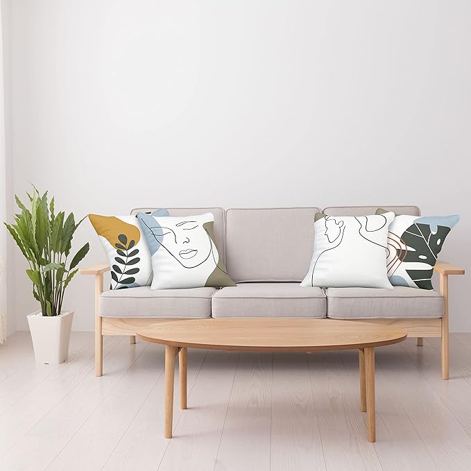 Ambesonne Minimal Throw Pillow Cushion Case Pack of 4, Modern Line Art Woman Portrait with Contemporary Leafy Geometric Details, Modern Accent Double-Sided Digital Printing, 24", Baby Blue Taupe Amber