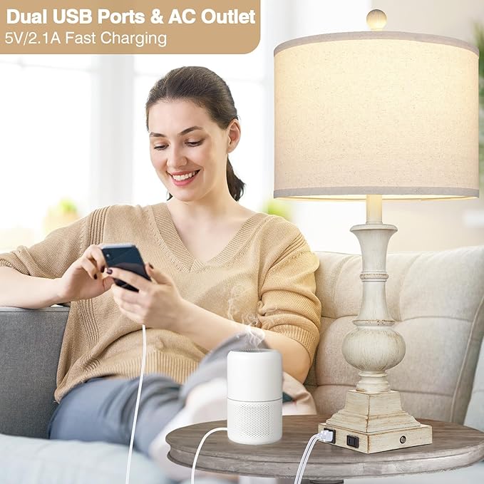 26" Farmhouse Table Lamps Set of 2, Rustic Touch Control Bedside Lamps with 2 USB Ports & AC Outlet, Vintage White Resin 3-Way Dimmable Nightstand Lamp Linen Fabric Shade for Living Room Bedroom Decor