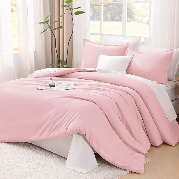 Litanika Pink Comforter Set Full Size, 3 Pieces Girls Women Cute Soft Solid Bedding Comforter Set, All Season Bed Set (79x90In Comforter & 2 Pillowcases)