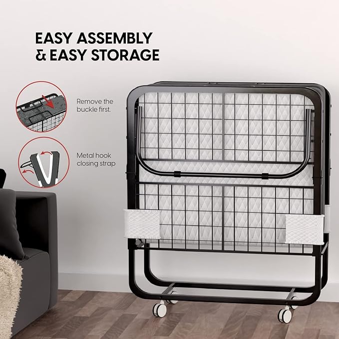 EconoHome Folding Bed with Mattress - 75x31 Cot Size Frame - Portable Rollaway Guest Bed with 5-inch Memory Foam Mattress - Space-Saving Foldable Design for Easy Storage (31 Inch)