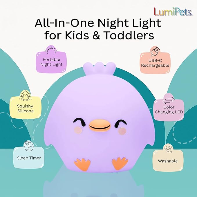 Lumipets Clara The Chick Squishy Silicone Night Light for Kids | Cute Night Light with Remote & Touch Control for Baby & Toddler Bedrooms | Color Changing Portable Animal Nightlight | Soft Mood Lamp