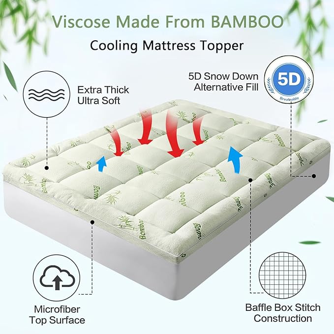 Premium Viscose Made from Bamboo King Size Mattress Topper for Back Pain, 1200 GSM Quilted Fitted Extra Thick Mattress Pad,Pillow Top Mattress Cover with Deep Pocket Up to 21 Inches（78 * 80inch）