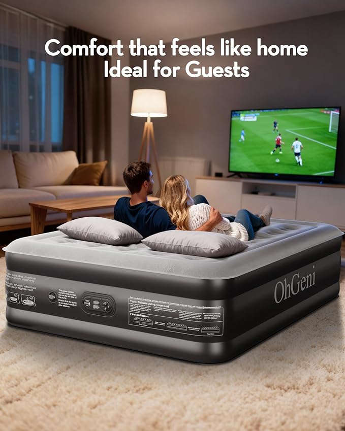 OhGeni 20" Queen Air Mattress with Built in Pump, Inflatable Blow up Bed, Upgraded Pillar Design, 3-Min Inflation Airbed for Guests,Better to Get up, 650LBS