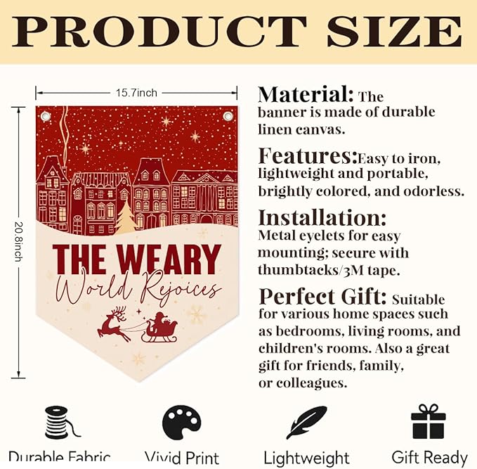 Christmas Wall Hanging Banner, "The Weary World Rejoices" Canvas Wall Art, Festive Town & Santa Sleigh Print Hanging Decor for Home, Living Room, Bedroom Holiday Decoration, 15.7 x 21.6 In