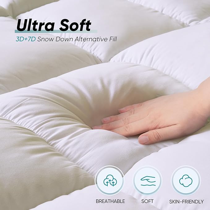 Twin XL Mattress Topper, 39x80 inch, Pillow Top, Washable, White