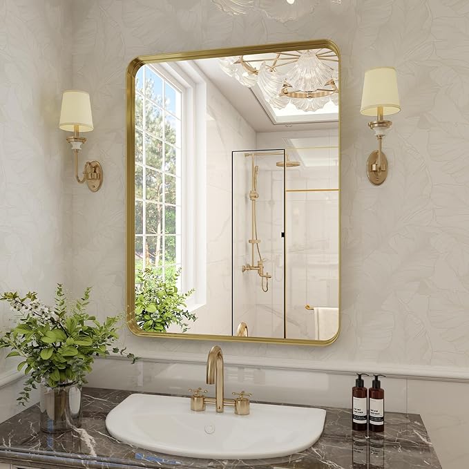 VooBang Bathroom Mirror 30x40 inch, Gold Gorgeous Deep Frame Wall Mirror, Modern Round Corner Bathroom Vanity Mirror for Bedroom, Living Room, Hanging or Leaning Horizontal or Vertical, Gold