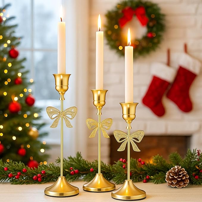 6 Pcs Christmas Candle Holders 3 Size Gold Taper Candlestick Holders Set Vintage Decorative Centerpiece for Table Mantel Wedding Housewarming Thanksgiving Gifts (Bowknot)