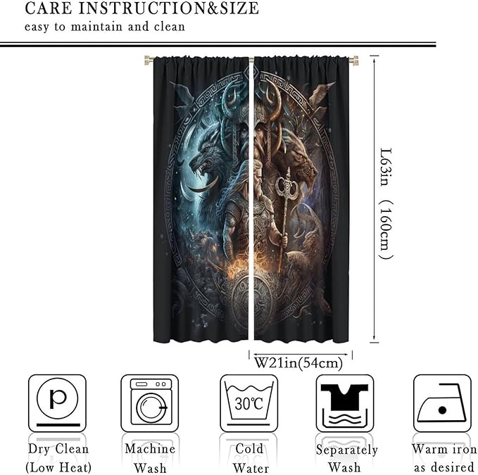 Cool Norse Viking Theme Curtains - Fantasy Ancient Symbols Wildlife Wolf Nordic Vikings Thermal Insulated Blackout Curtains - Rod Pocket Window Treatment Drapes for Bedroom 2 Panels 63L x 21W