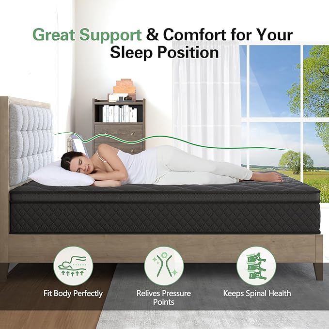 Queen Mattress, 14 Inch Mattresses Medium Firm Hybrid for Back & Lumbar Support, 100 Night Trial, Individual Pocket Spring Bed for Motion Isolation & Pressure Relief Black