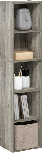 Furinno PASIR Book Shelf, 5-Tier Modern Bookshelf, Open Shelves Bookcase 9" x 12" x 52", for Living Room, Bedroom, Home Office, French Oak
