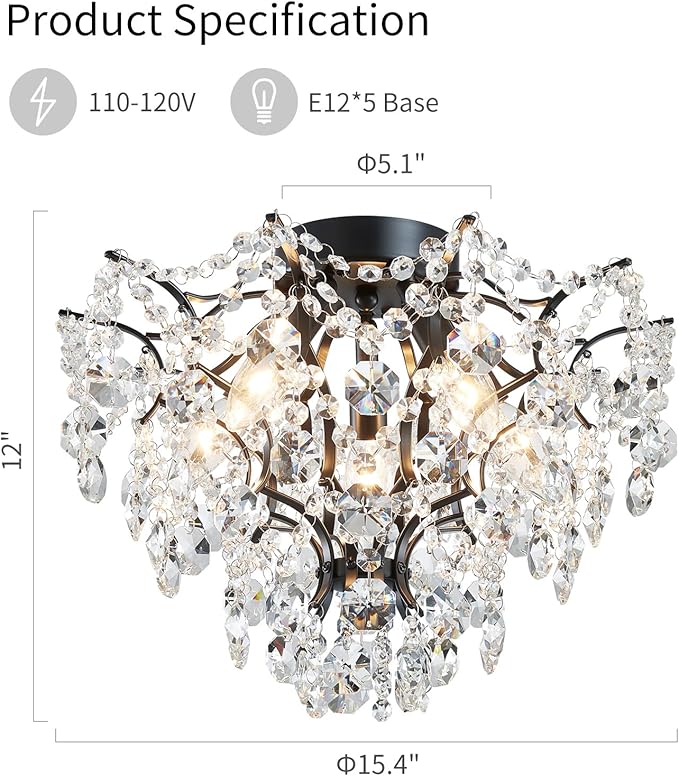 WUZUPS 5-Light Crystal Chandelier Flushmount Ceiling Light Modern Lighting Fixture for Bedroom Hallway Bar Kitchen Bathroom, H 12" W 15.4", E12 Base, Black