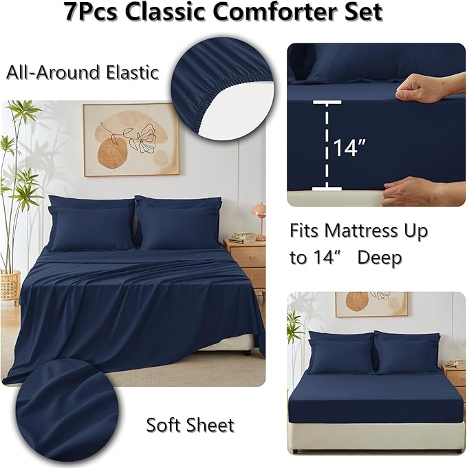 CozyLux California King Comforter Set Navy Blue - Cal King Bed in a Bag 7 Pieces, Luxury Soft Bed Set for All Seasons, Bedding Set with Down Alternative Comforter, Sheets, Pillowcases & Shams