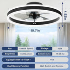 VOLISUN Low Profile Ceiling Fans with Lights and Remote, 19.7in Flush Mount Ceiling Fans with Light, 3000K-6500K Dimmable Fandelier LED Fan Light, Black Bladeless Ceiling Fans with Lights for Bedroom