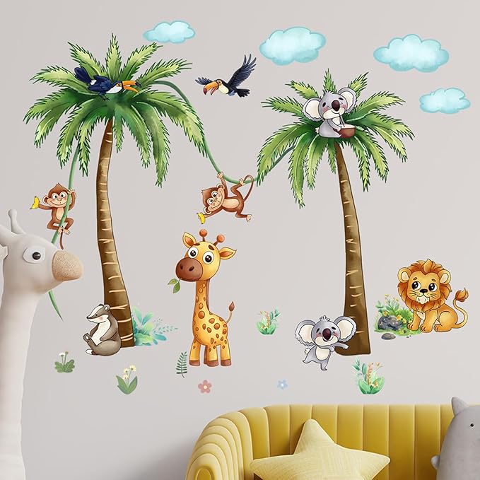 Jungle Animal Wall Stickers Forest Safari Wall Decals Kid Room Nursery Baby Bedroom Décor (Brown Tung Tree Toucan)