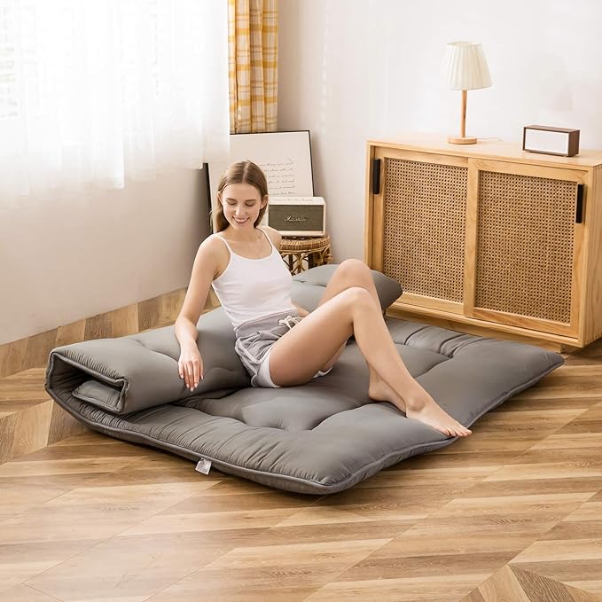 MAXYOYO Japanese Floor Mattress Futon Mattress, Thicken Tatami Mat Sleeping Pad Foldable Roll Up Mat for Boys Girls Dormitory Kids Floor Bed, Charcoal Grey, Twin