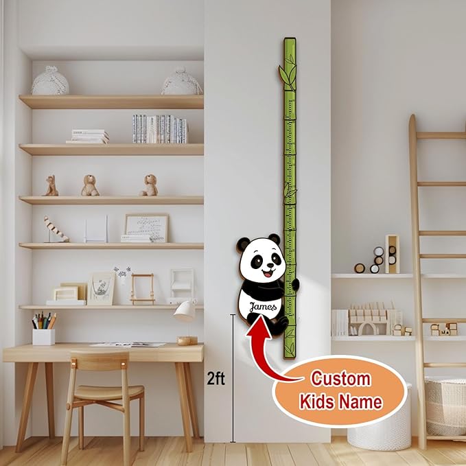 Personalized Growth Chart for Wall, Wooden Height Chart for Kids, Cute Height Measurement for Child/Girls/Boys, Baby and Toddler's Playroom/Kid's Room/Nursery Decor, Panda