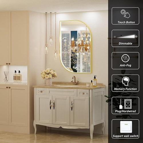 24X32 Inch LED Mirror for Bathroom with Lights,Gold Frame Lighted Irregular Asymmetrical Vanity Wall Mirror,Anti-Fog,Dimmable