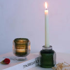 Woho Green Votive Candle Holders Set of 2(3.5" H x 3.1" W), Ribbed Tealight Candle Holder Vintage for Christmas Dinner Table, Reversible Tea Lights Candle Holder Glass for Living Room Home Decor