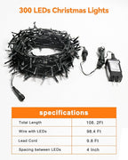 Blingstar Christmas String Lights - 98.4 Ft+9.8 Ft 300 LED Extendable Plug-in 8 Modes Multicolored Decorative Lights for Indoor Outdoor Xmas Tree Wedding Party, Long & Bright