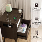 Mid Century Modern Nightstand with Charging Station, Bedside Tables with Glass Drawer, End Table Side Table with 2 Tiers Storage Space, for Bedroom, Living Room, Dark Grey