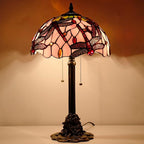 Tiffany Stained Glass Table Lamp 12X12X21Inch Resin Base Desk Bedroom Living Room Reading Light (Pink Dragonfly)
