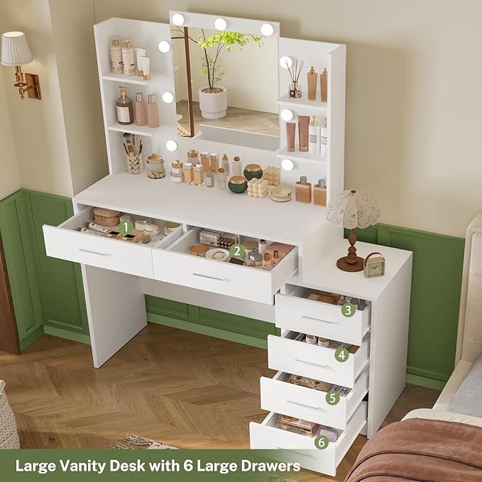 Quimoo 43.3" W Vanity Desk with Mirror and 9 LED Lights, Makeup Vanity with 6 Drawers, 6 Open Shelves, White Vanity for Women Girls, 43.3" W x 13.8" D x 54.3"