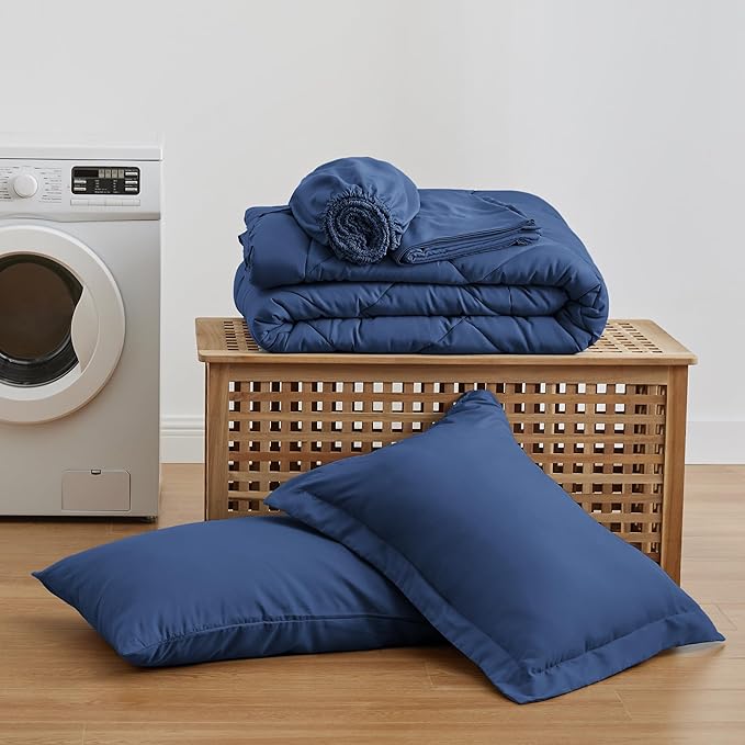 Love's cabin Twin Comforter Set Dark Blue, 5 Pieces Twin Bed in a Bag, All Season Bedding Sets with 1 Comforter, 1 Flat Sheet, 1 Fitted Sheet, 1 Pillowcase and 1 Pillow Sham