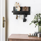 Decorative Key Holder for Wall with Shelf, Entryway Shelf with Hooks Holds Leashes, Jackets and Glasses – Sturdy Wood Keyholder Entrance Hanger with Mounting Hardware (Black, Medium)