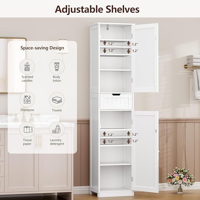 Iwell 67" Tall Bathroom Cabinet, Storage Cabinet with 2 Doors & 1 Drawer, Bathroom Storage Cabinets with Adjustable Shelves, for Living Room, Entryway, Home Office, White