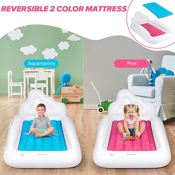 Inflatable Toddler Travel Bed, Double-Sided Kids Air Mattress | Kids Blow up Mattress with Sides | Travel Portable Toddler Bed for Travel, Sleepovers - Pink & & Aquamarine
