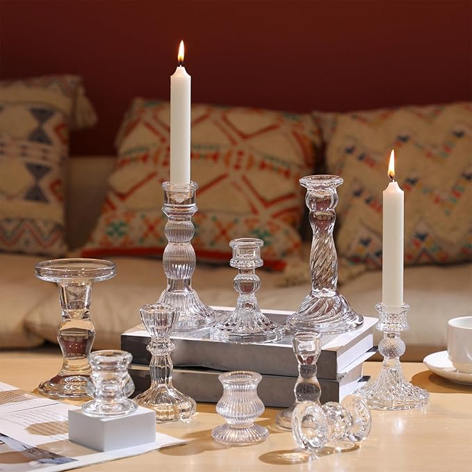 Mumufy 10 Pcs Glass Crystal Taper Candle Holders Clear Glass Candlestick Holder Fit 0.8 Inch Candles Crystal Decorative Candle Stand Centerpiece Table Wedding Dining Party (Classic,Clear)