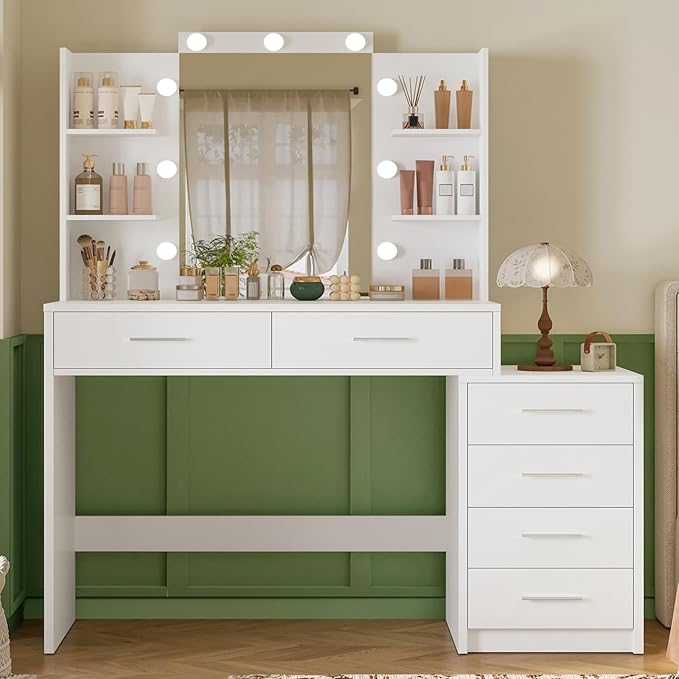 Quimoo 43.3" W Vanity Desk with Mirror and 9 LED Lights, Makeup Vanity with 6 Drawers, 6 Open Shelves, White Vanity for Women Girls, 43.3" W x 13.8" D x 54.3"