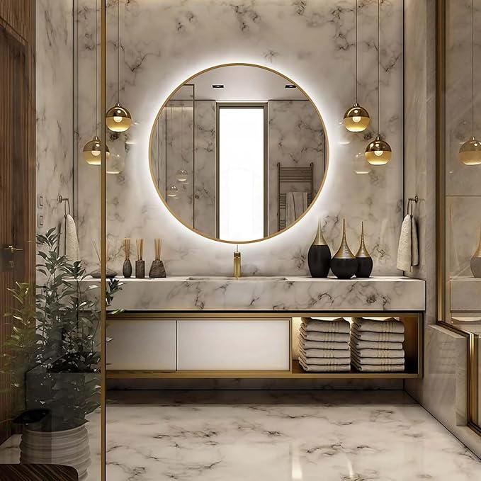 32" Round LED Bathroom Mirror, Wall Mounted Round Backlit Mirror LED Bathroom Vanity Mirror with Lights Fog Free Circle Lighted Mirror with Gold Frame, Smart Light up Mirror 3-Color