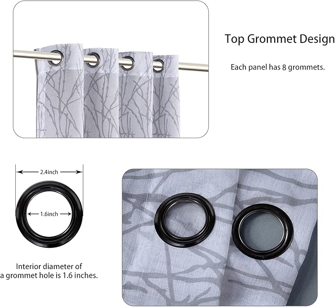 BONZER Mix and Match Curtains - 2 Pieces Branch Print Sheer Curtains and 2 Pieces Blackout Curtains for Bedroom Living Room Grommet Window Drapes, 54x63 Inch/Panel, Light Grey, Set of 4 Panels